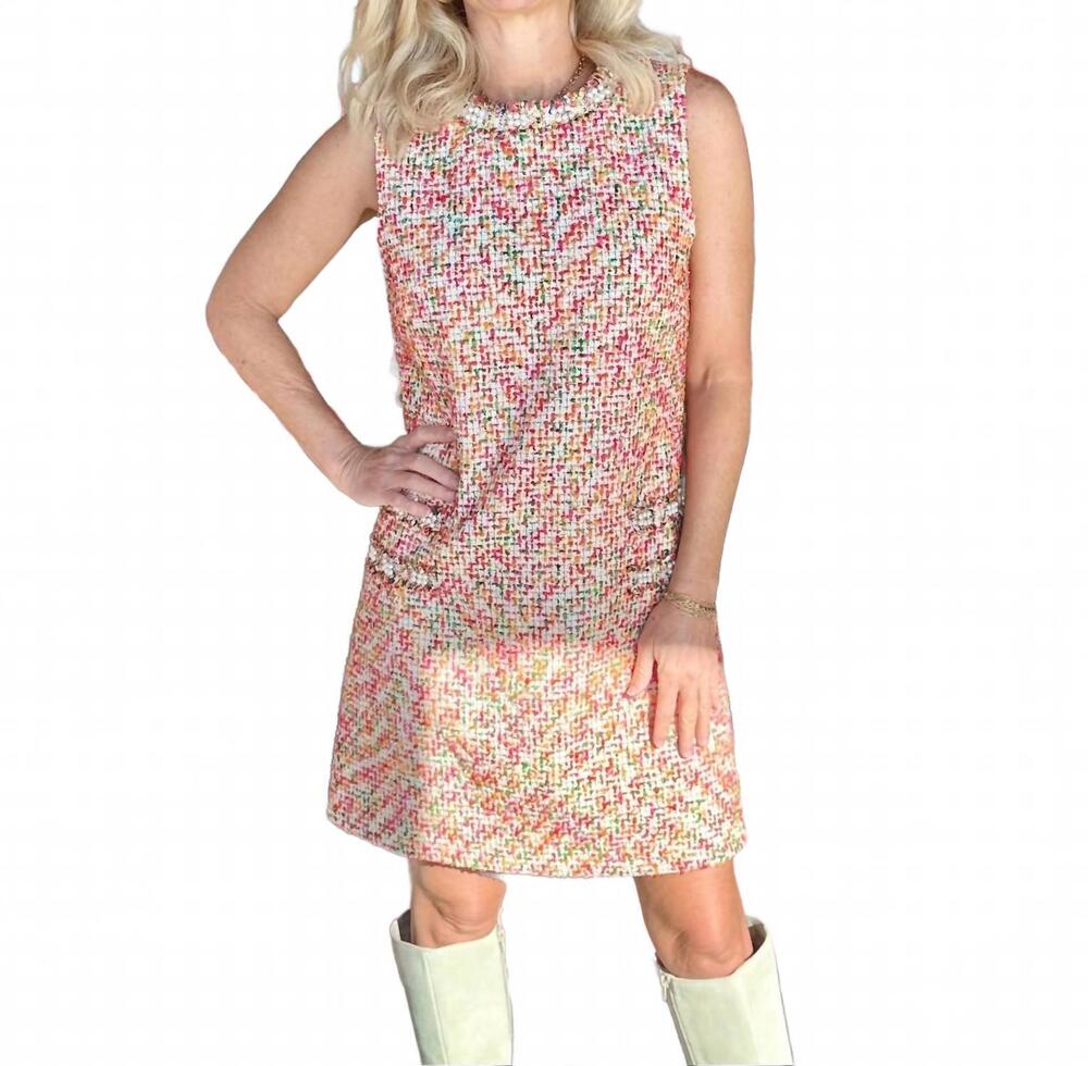 NEW FATE pearl embellished tweed shift mini dress in ivory multi